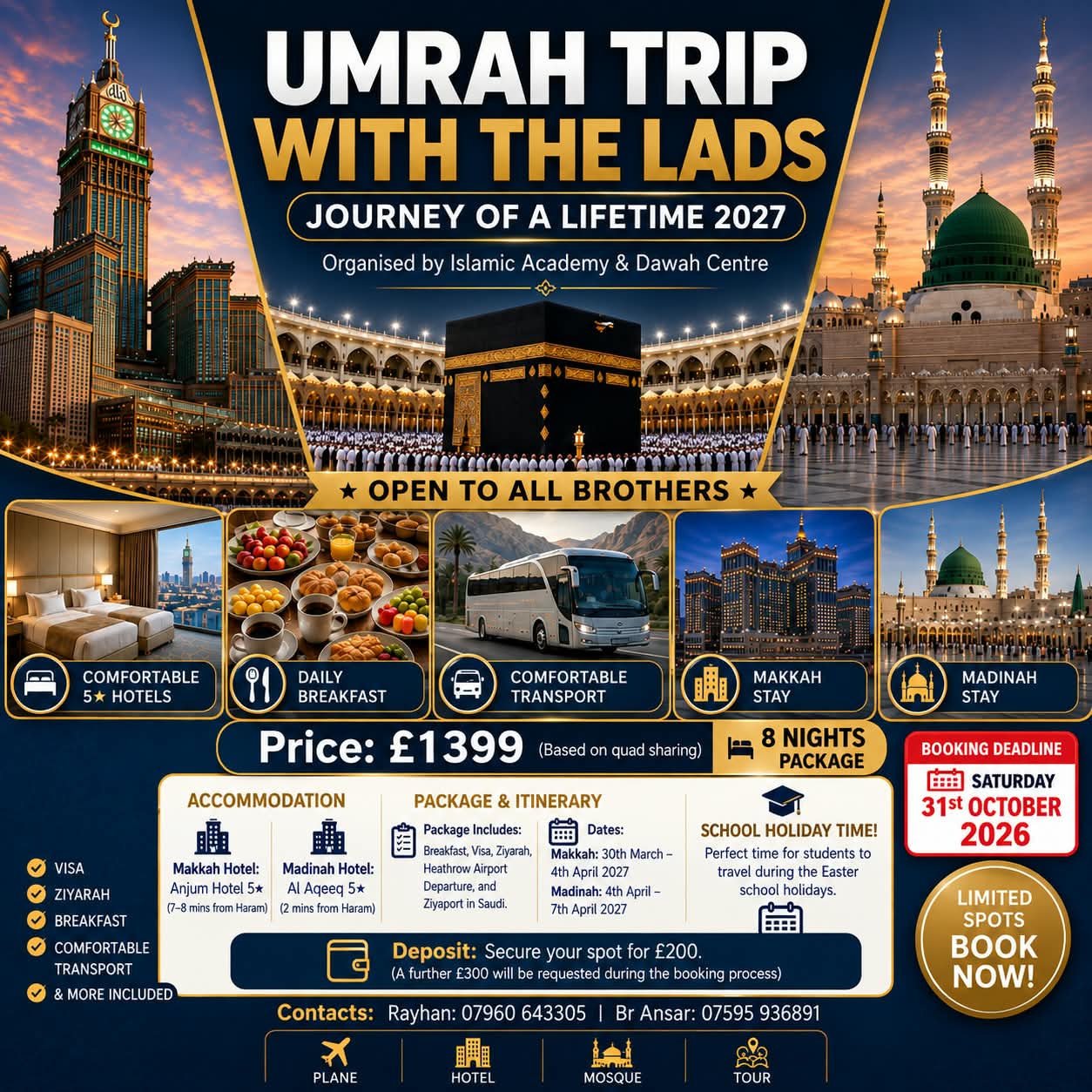 Umrah Trip With The Lads 2027 group package poster showing the Kaaba in Makkah, Masjid an-Nabawi in Madinah, hotels, breakfast and transport