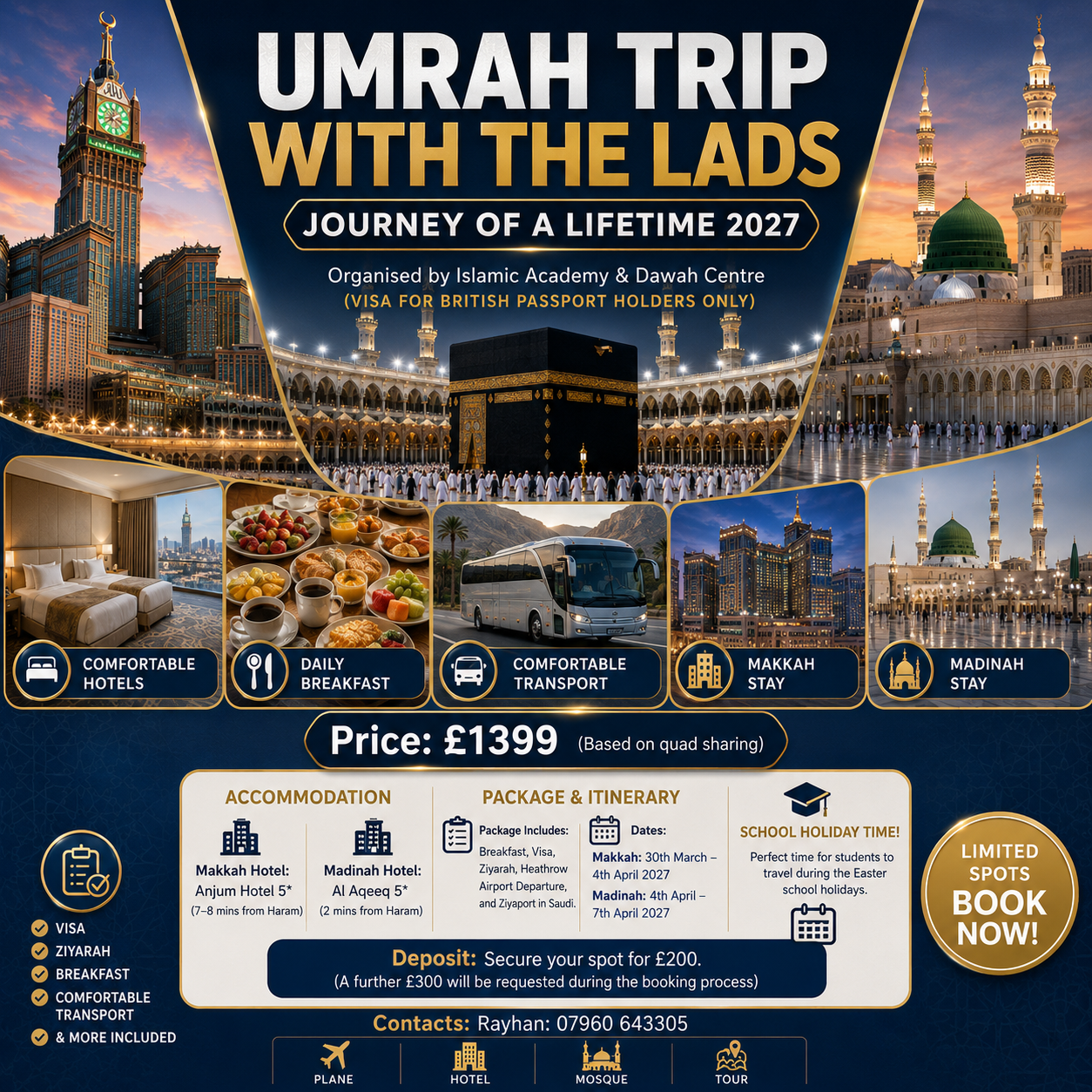Umrah Trip With The Lads 2027 group package poster showing the Kaaba in Makkah, Masjid an-Nabawi in Madinah, hotels, breakfast and transport