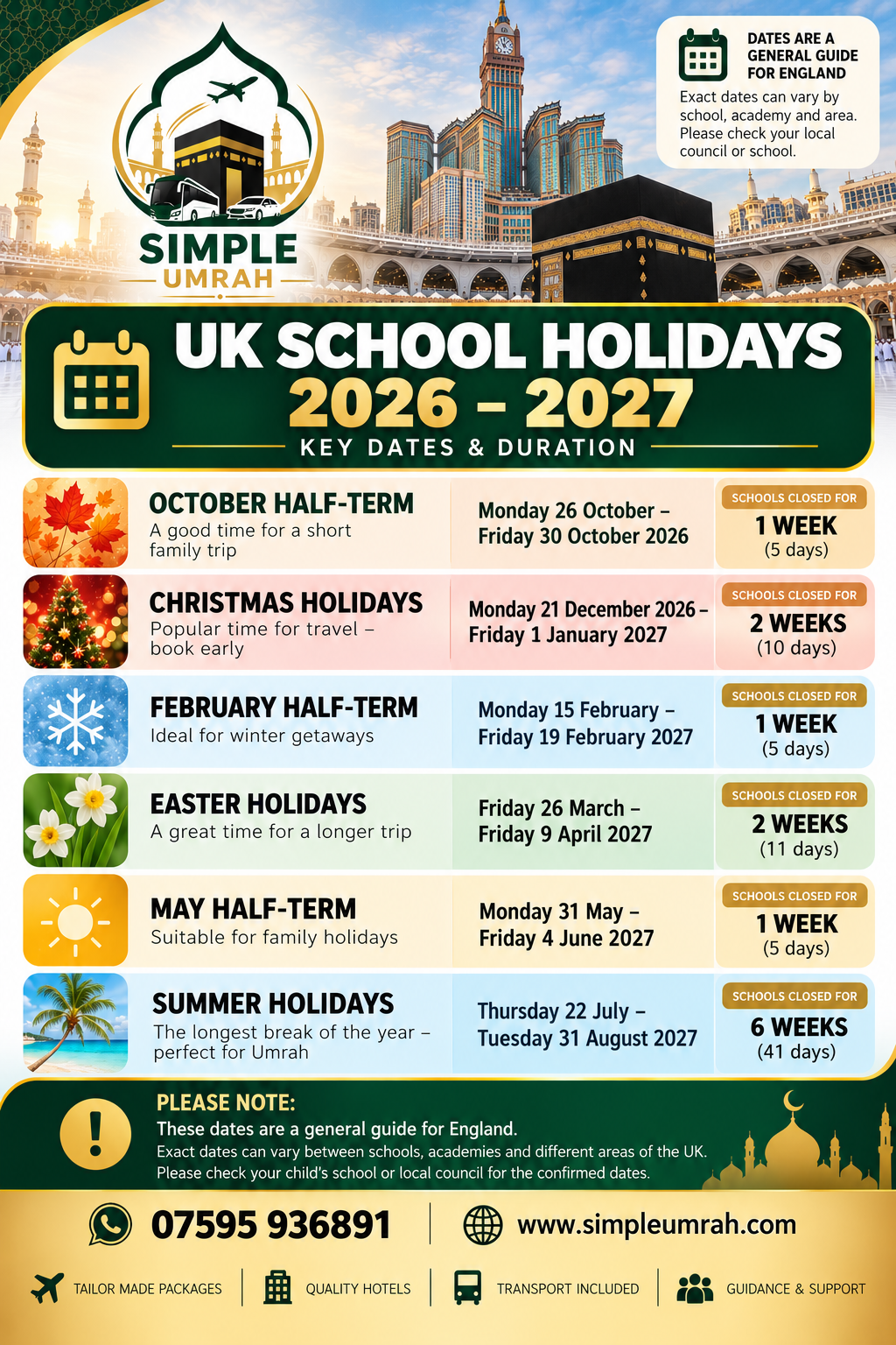 UK school holidays 2026–2027: October half-term 26–30 October 2026, Christmas 21 December 2026 – 1 January 2027, February half-term 15–19 February 2027, Easter 26 March – 9 April 2027, May half-term 31 May – 4 June 2027, summer 22 July – 31 August 2027. A general guide for England.