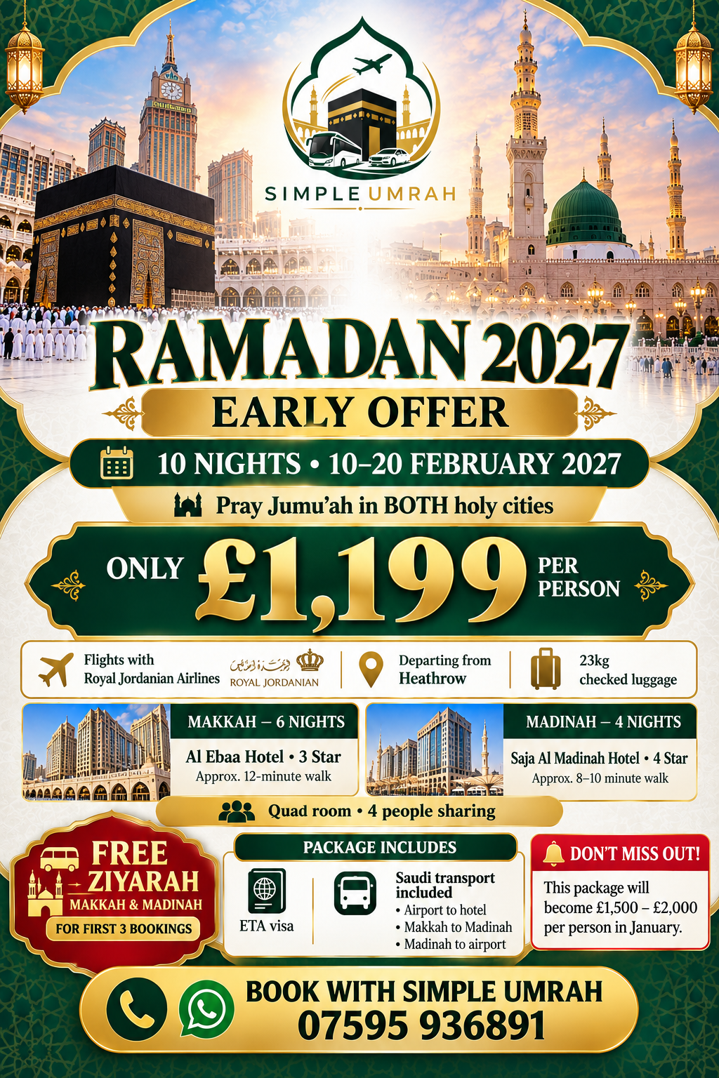 Ramadan 2027 Early Offer poster: 10 nights 10–20 February 2027, £1,199 per person, flights from Heathrow, Makkah and Madinah hotels, visa and transport included