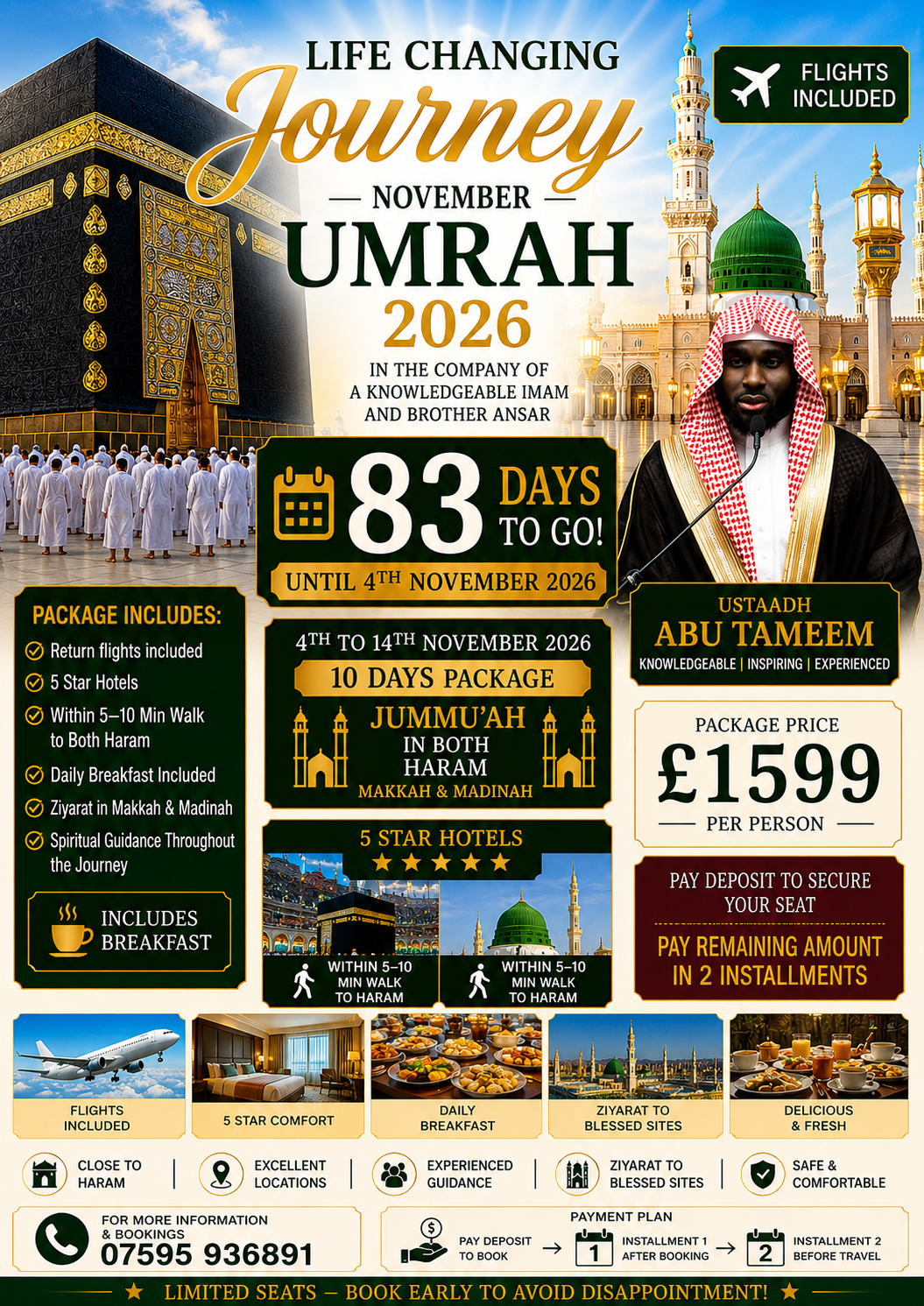 November Umrah 2026 group package poster showing the Kaaba in Makkah and Masjid an-Nabawi in Madinah with package details