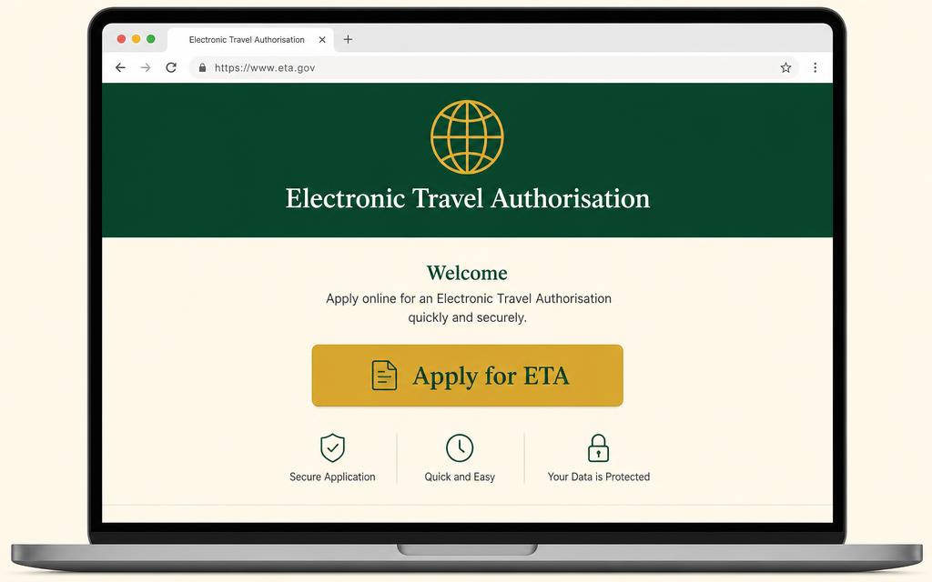 Illustration of a visa portal homepage with an Electronic Travel Authorisation button