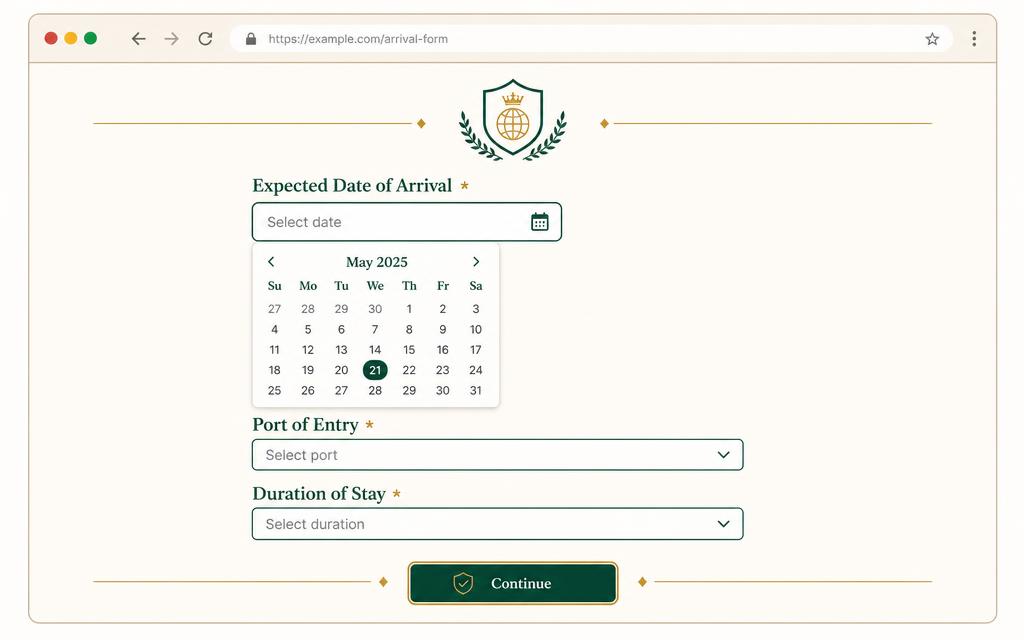 Illustration of a form with expected date of arrival, port of entry and duration of stay fields