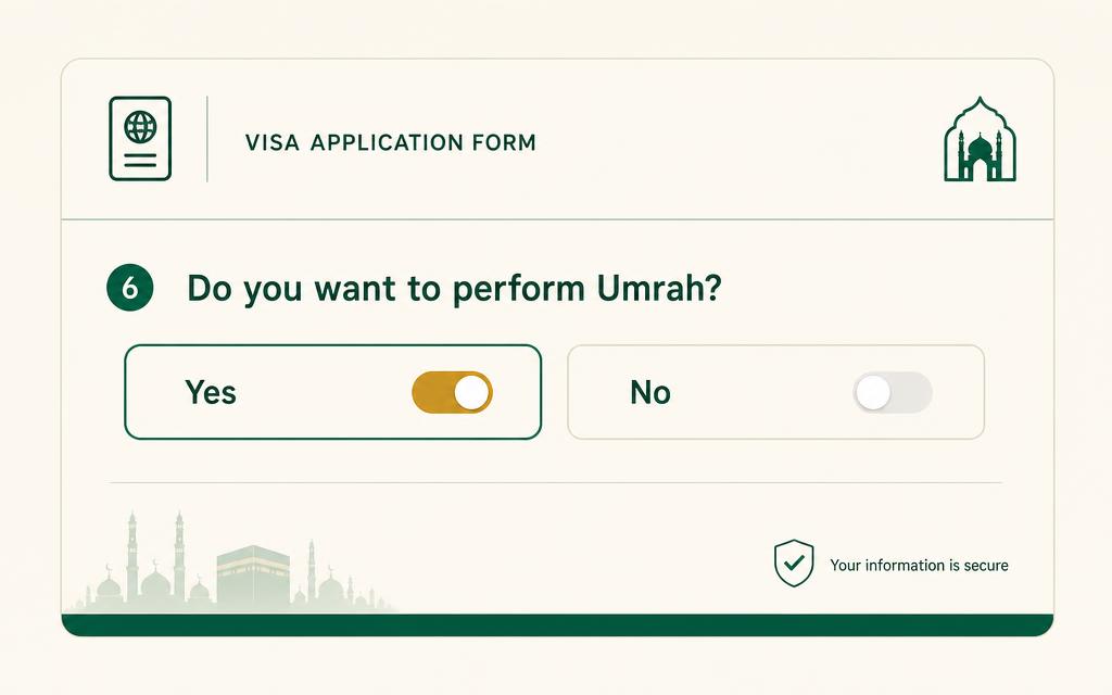 Illustration of a form question asking whether you want to perform Umrah, set to yes
