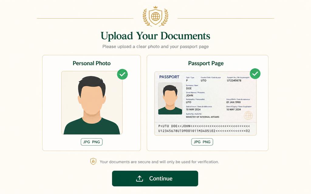 Illustration of upload boxes for a personal photo and a passport page, both accepted