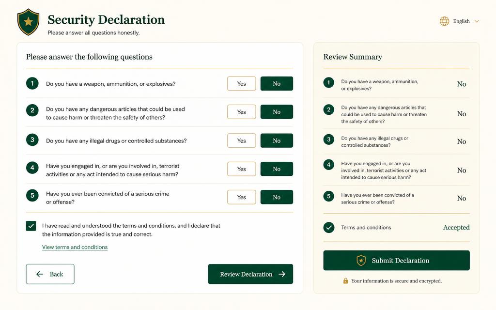 Illustration of a security declaration questionnaire and review summary