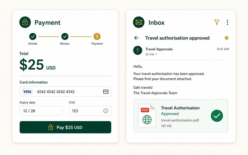 Illustration of a payment screen showing $25 and an email with an approved travel authorisation PDF