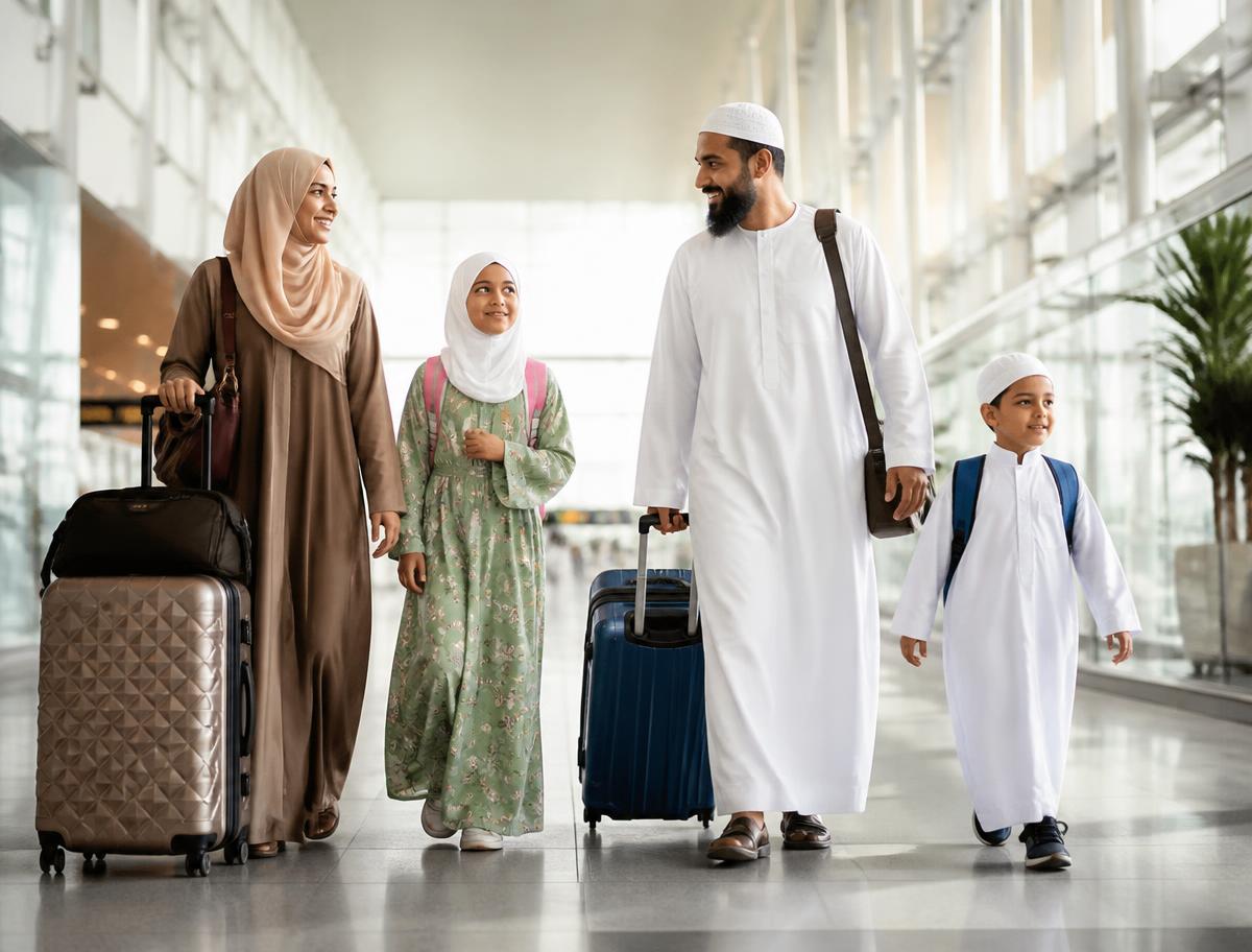 A Muslim family walking together through an airport terminal with luggage