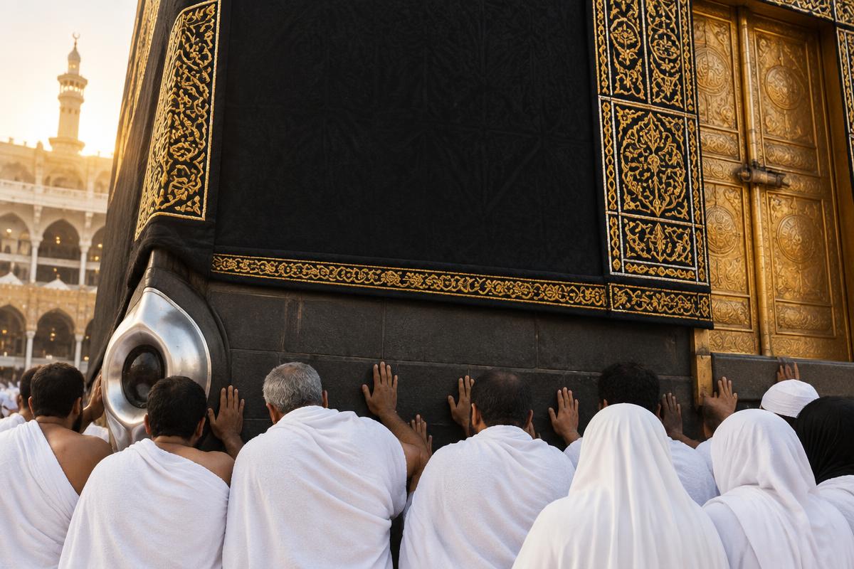 Pilgrims making du'a at Al-Multazam, between the Black Stone and the Ka'bah door