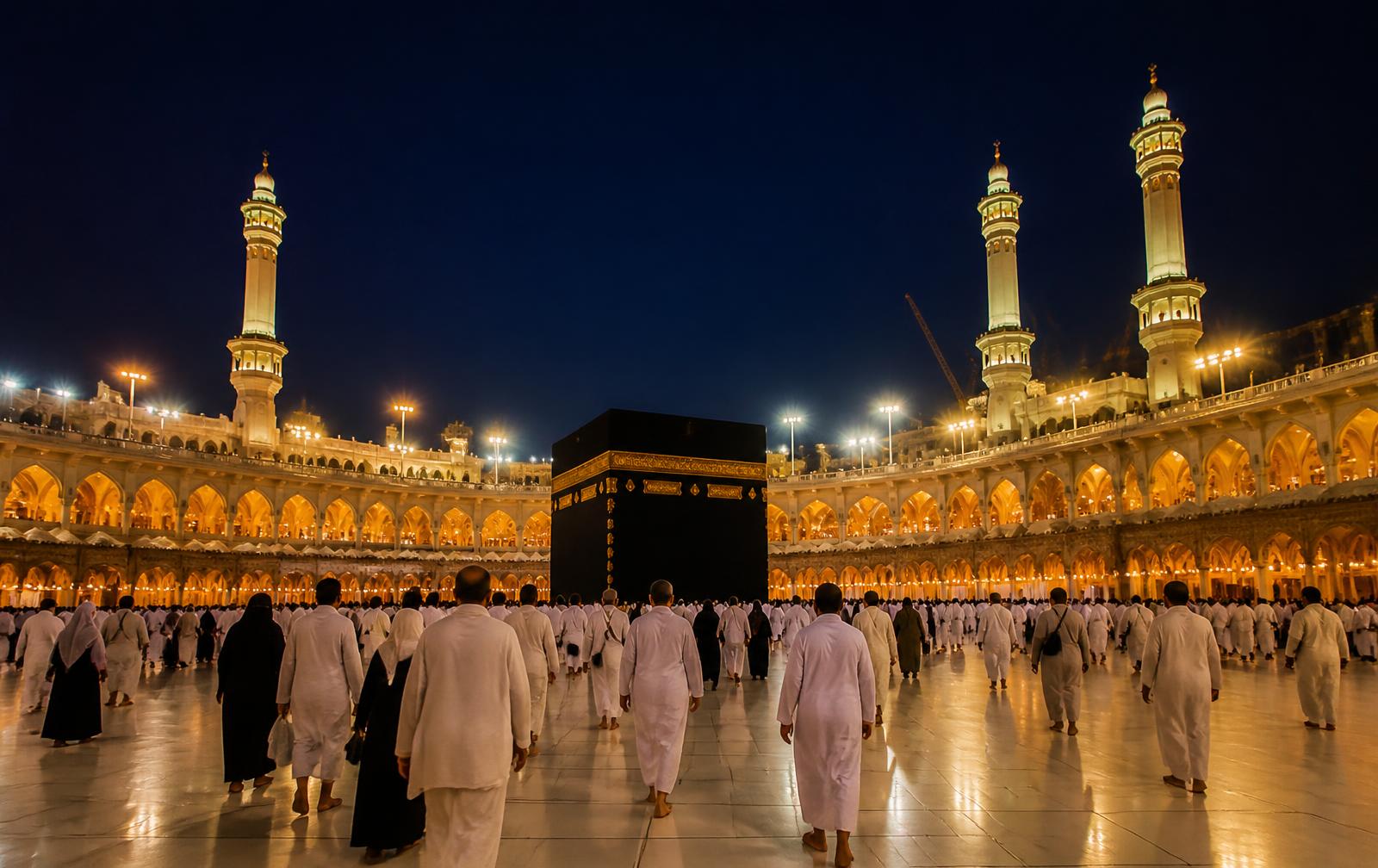 Grand arched entryway of the Grand Mosque in Makkah with pilgrims entering