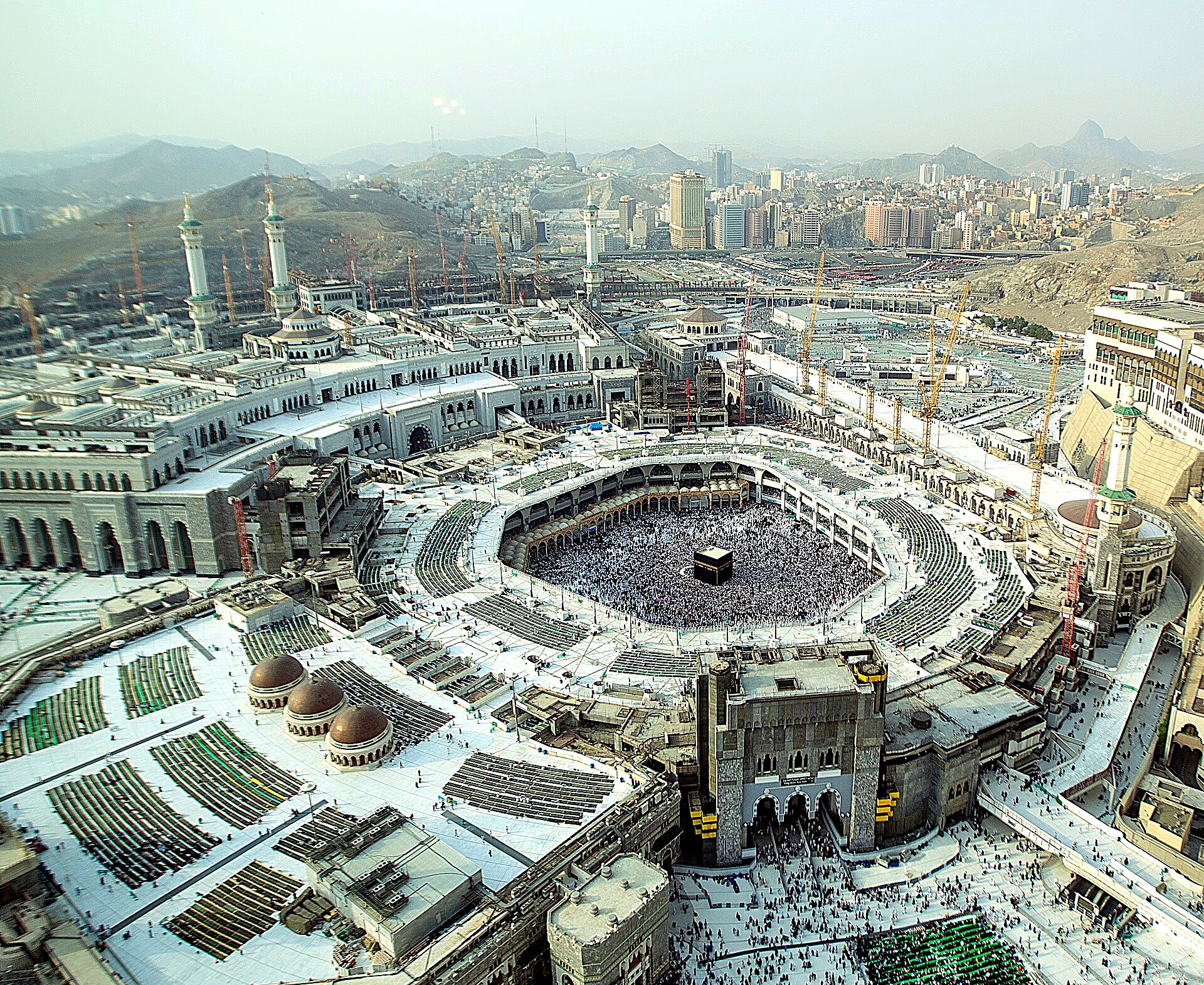 Masjid al-Haram in Makkah seen from above, with the Ka'bah at the centre of the courtyard
