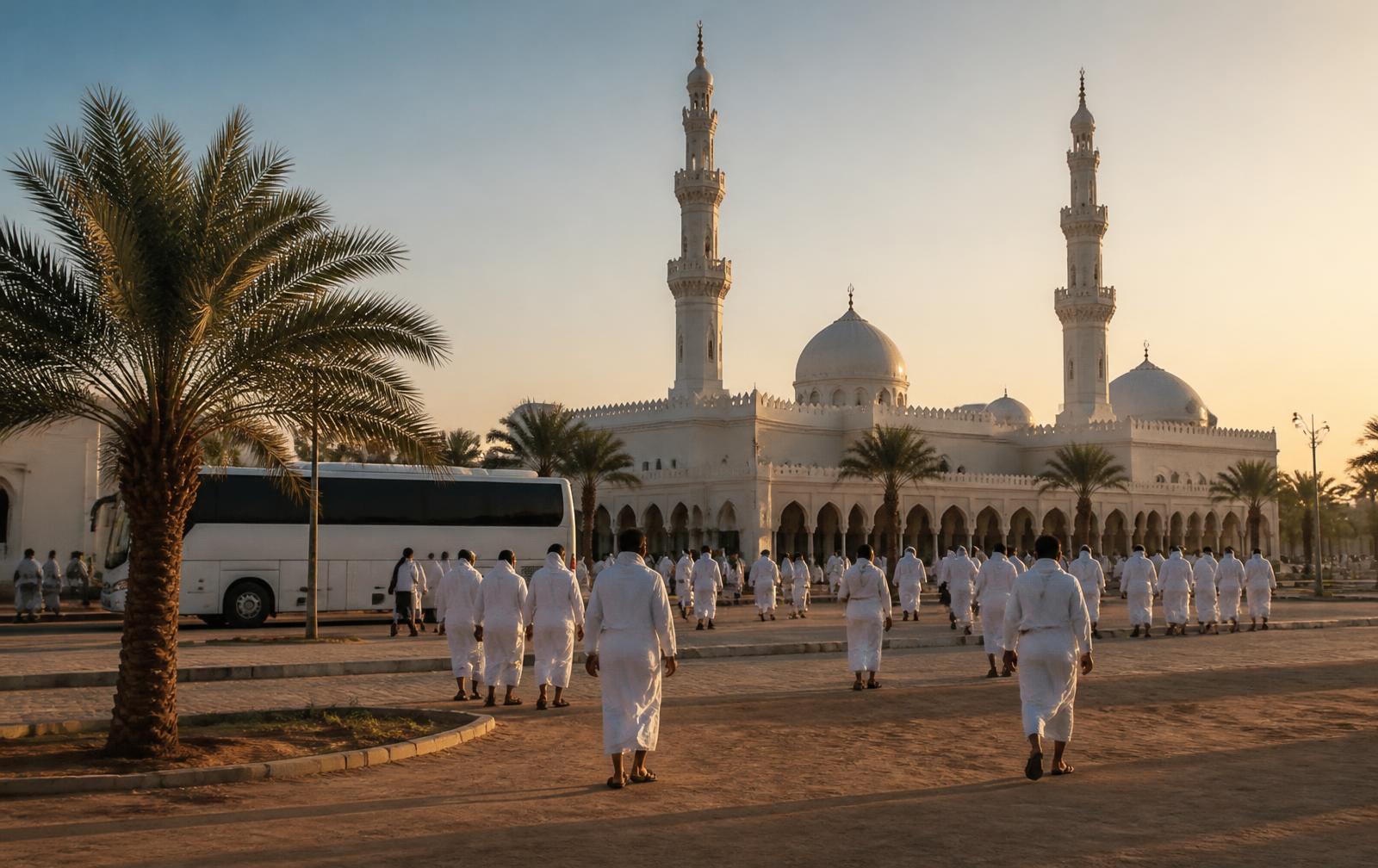 Exterior view of the Miqat mosque Dhul Hulayfah near Madinah under blue skies