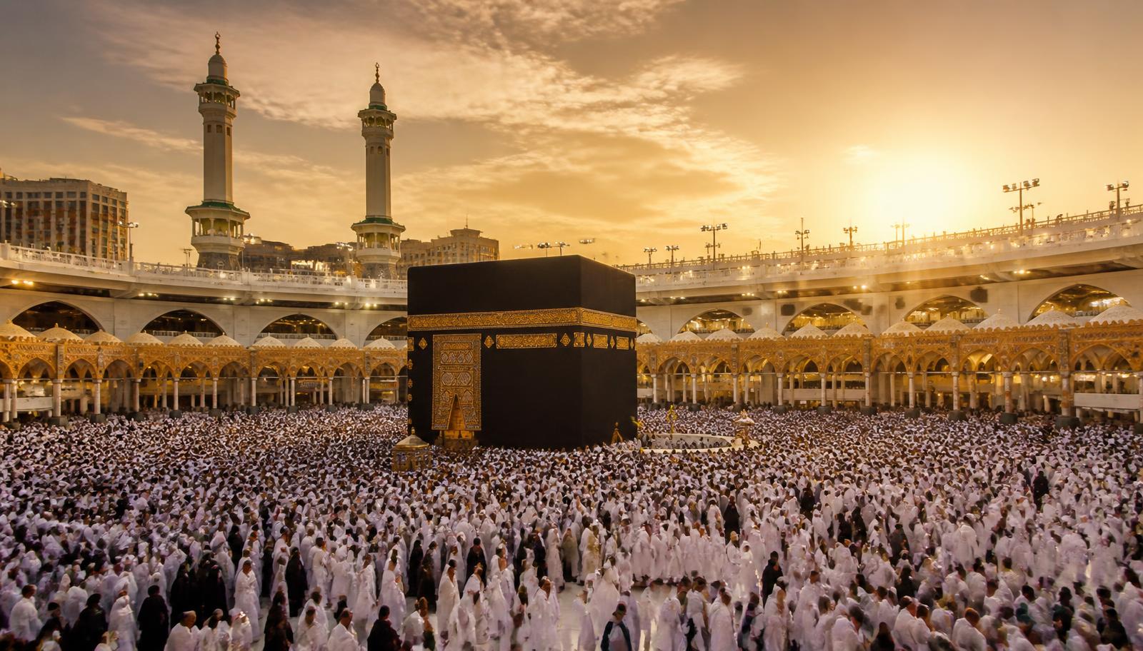 High-angle panoramic view of the Holy Ka'bah in Makkah with pilgrims performing tawaf