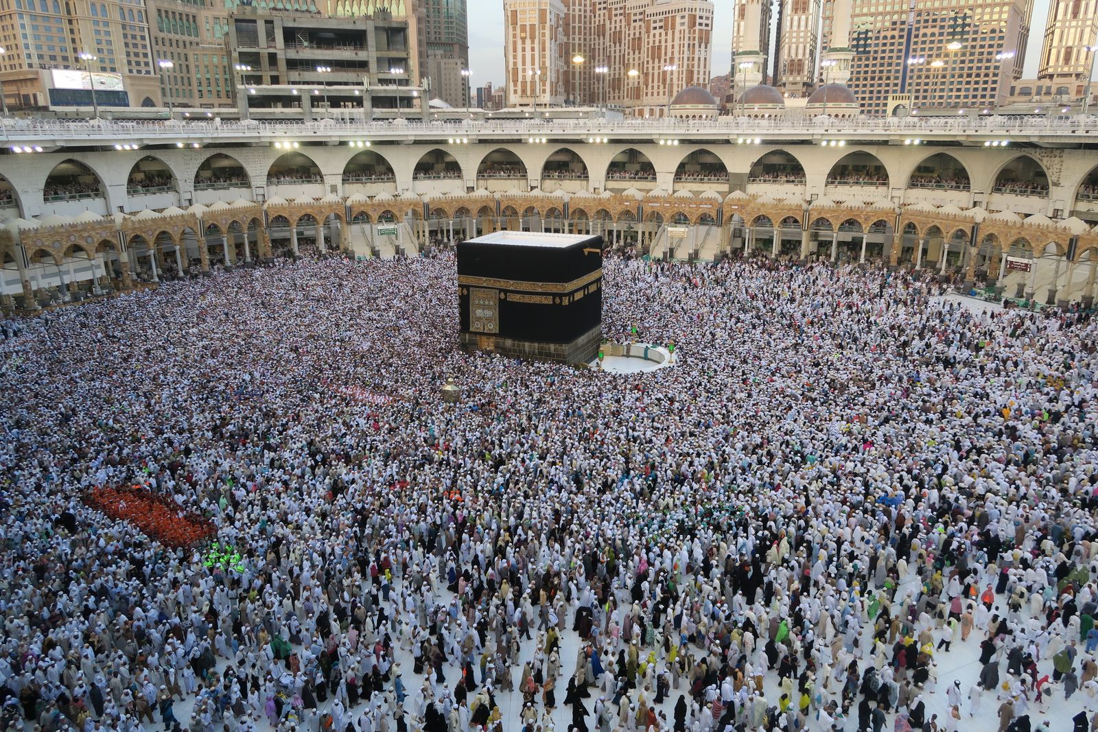 Aerial view of pilgrims performing tawaf around the Ka'bah in Masjid al-Haram, Makkah