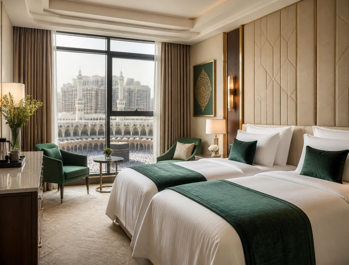 A bright, comfortable hotel room close to the Haram