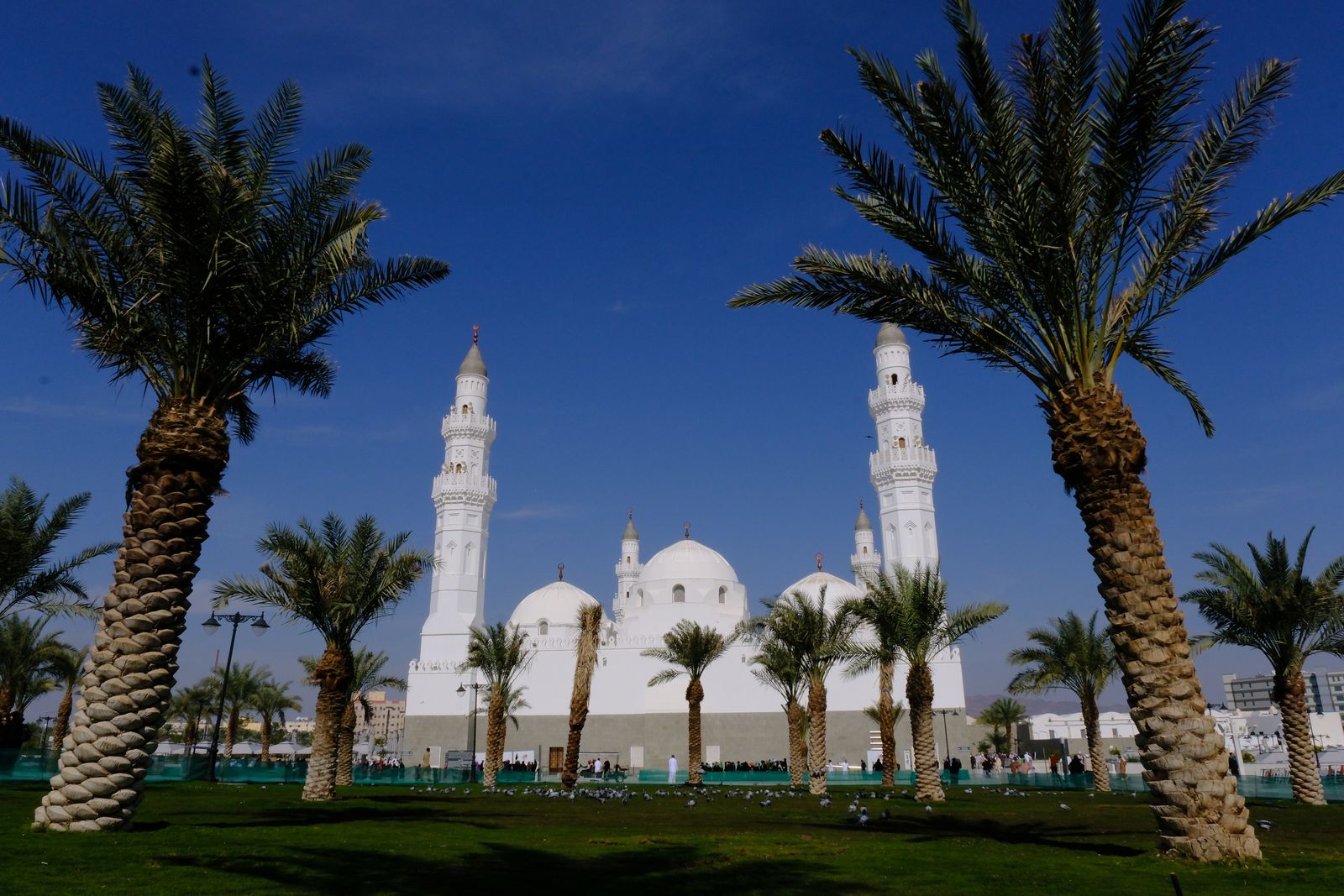 Masjid Quba in Madinah under a vivid blue sky