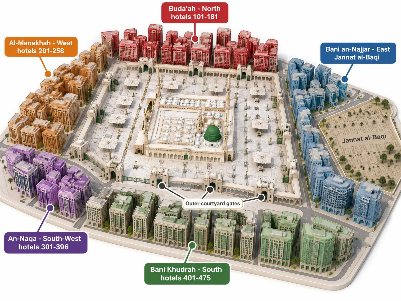 3D illustrated map of the hotel districts outside the outer gates of Masjid an-Nabawi, colour-coded and labelled in English