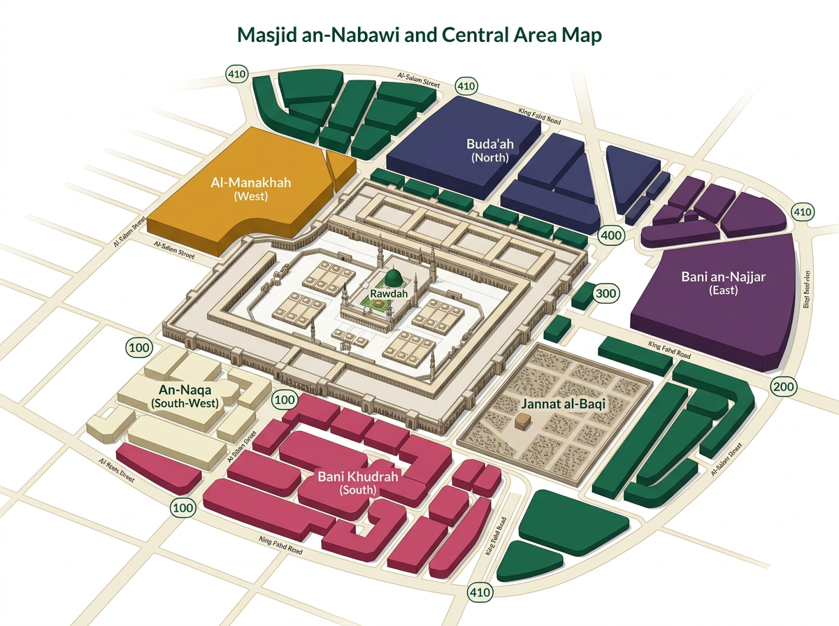 3D bird's-eye illustration of Masjid an-Nabawi and the surrounding districts, translated into English
