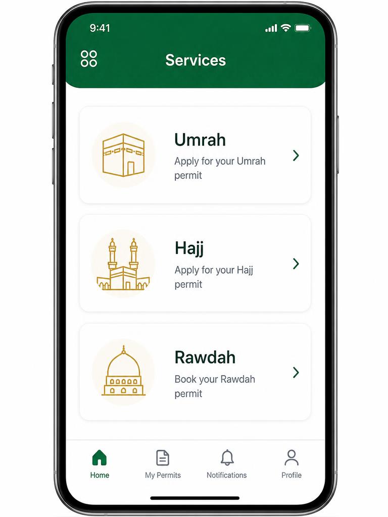 Illustration of the Nusuk app services screen showing Umrah, Hajj and Rawdah options