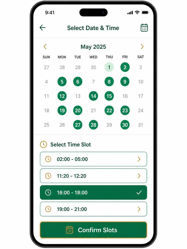 Illustration of the Nusuk calendar with available dates and Rawdah time slots, one highlighted in green